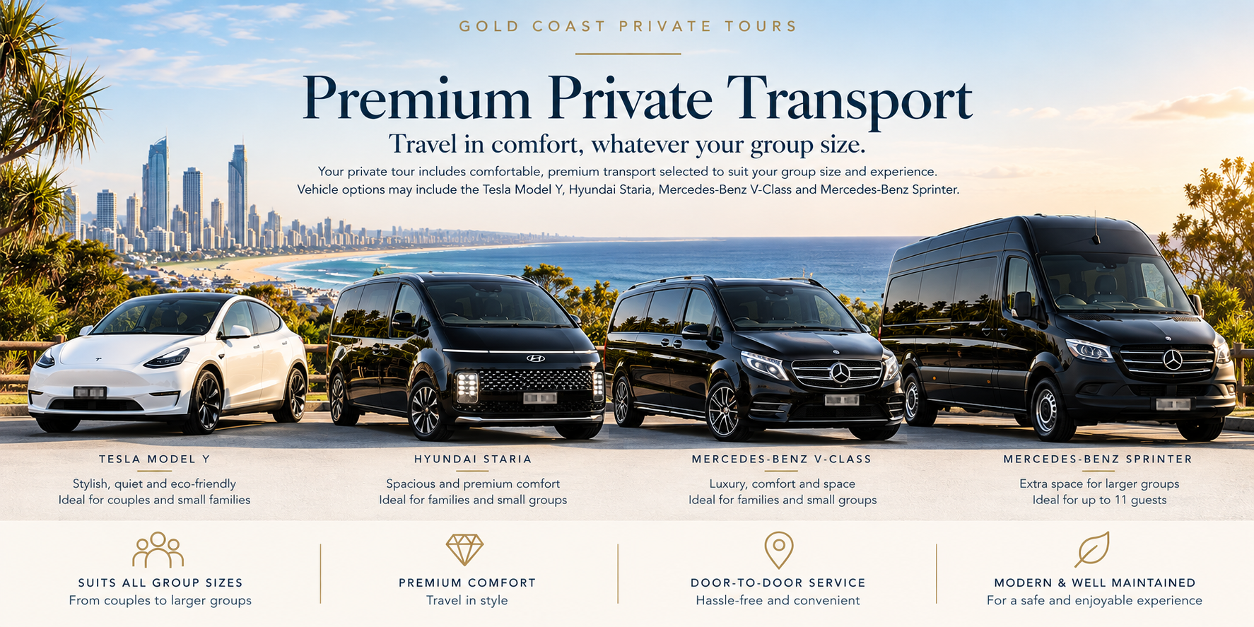 Premium private tour vehicle options including Tesla Model Y, Hyundai Staria, Mercedes-Benz V-Class and Mercedes-Benz Sprinter